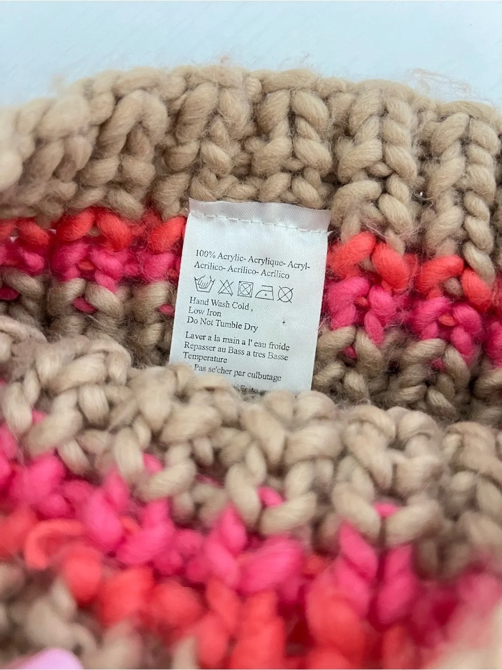 Free People tan brown pink orange striped slouchy pom pom beanie one size - Picture 5 of 6